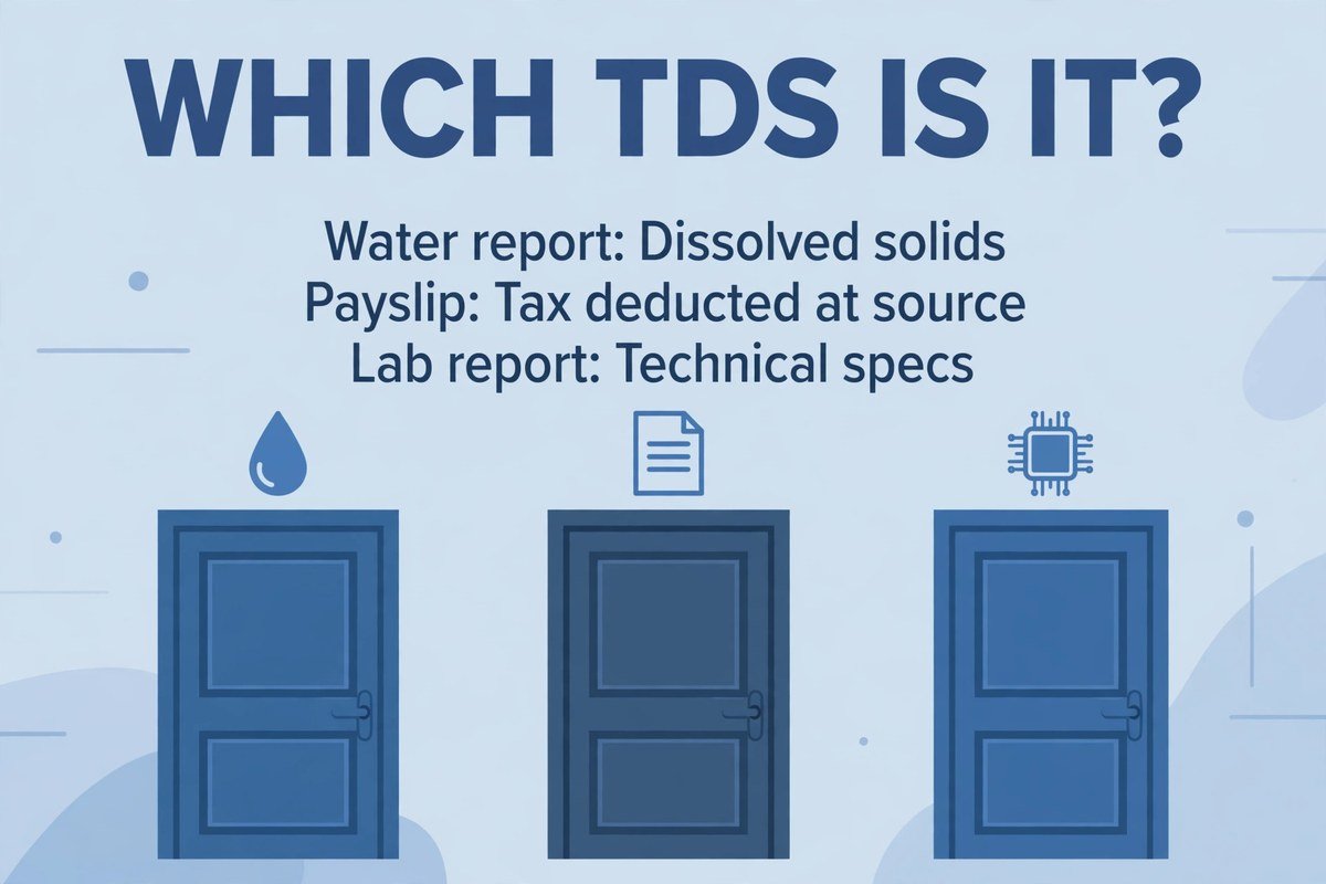 Which TDS meaning fits: a water report means total dissolved solids, a payslip means tax deducted at source, a mortgage file means total debt service