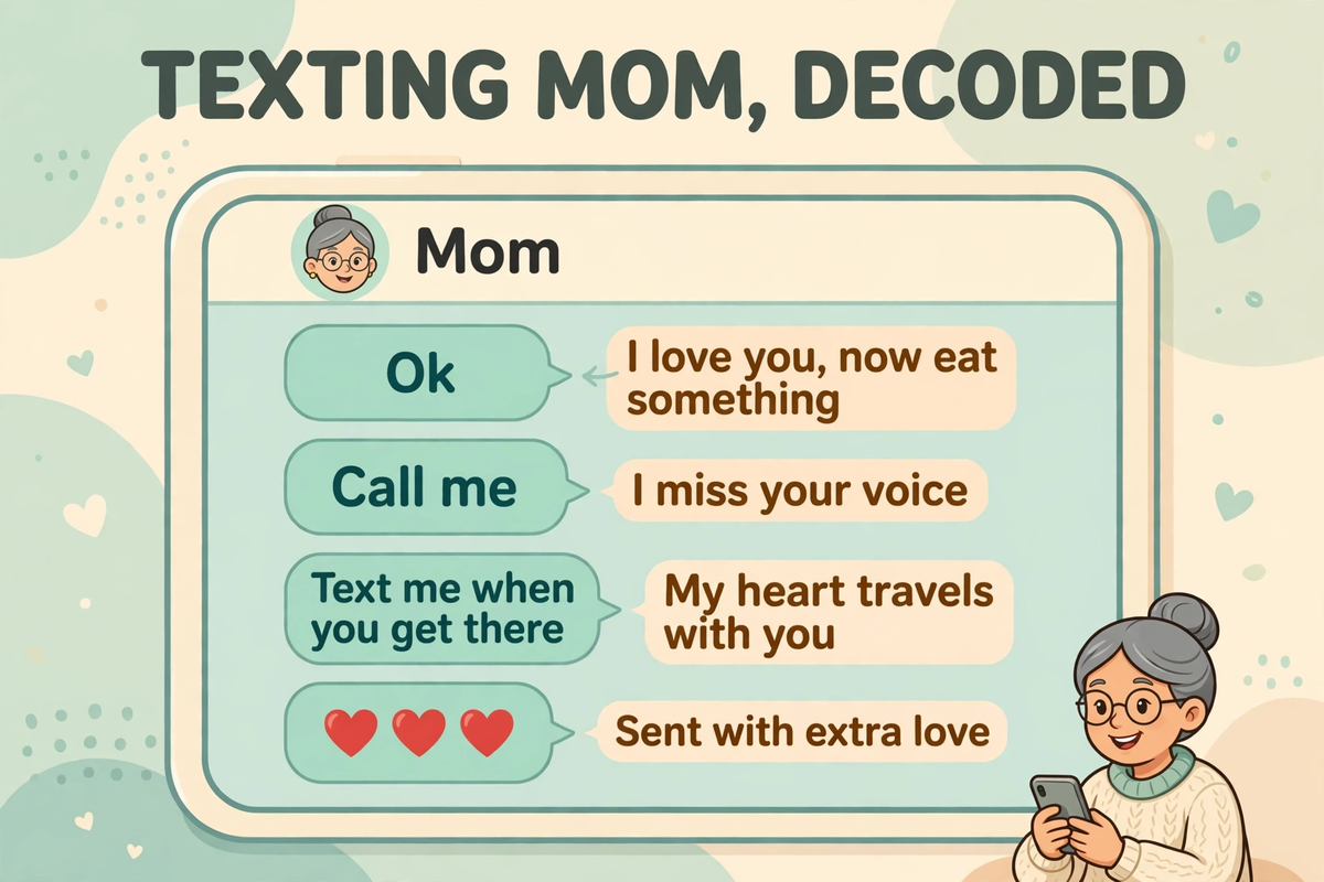 Texting mom decoded infographic translating Ok, Call me and Text me when you get there into what moms really mean