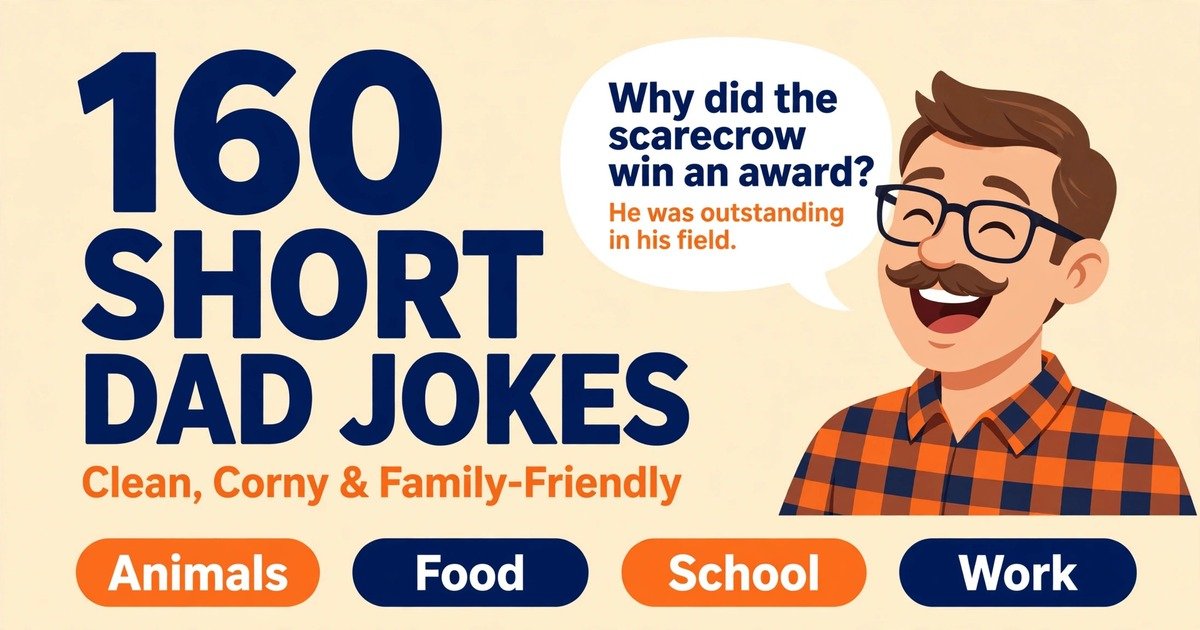 Illustration of a smiling dad telling short dad jokes to his family