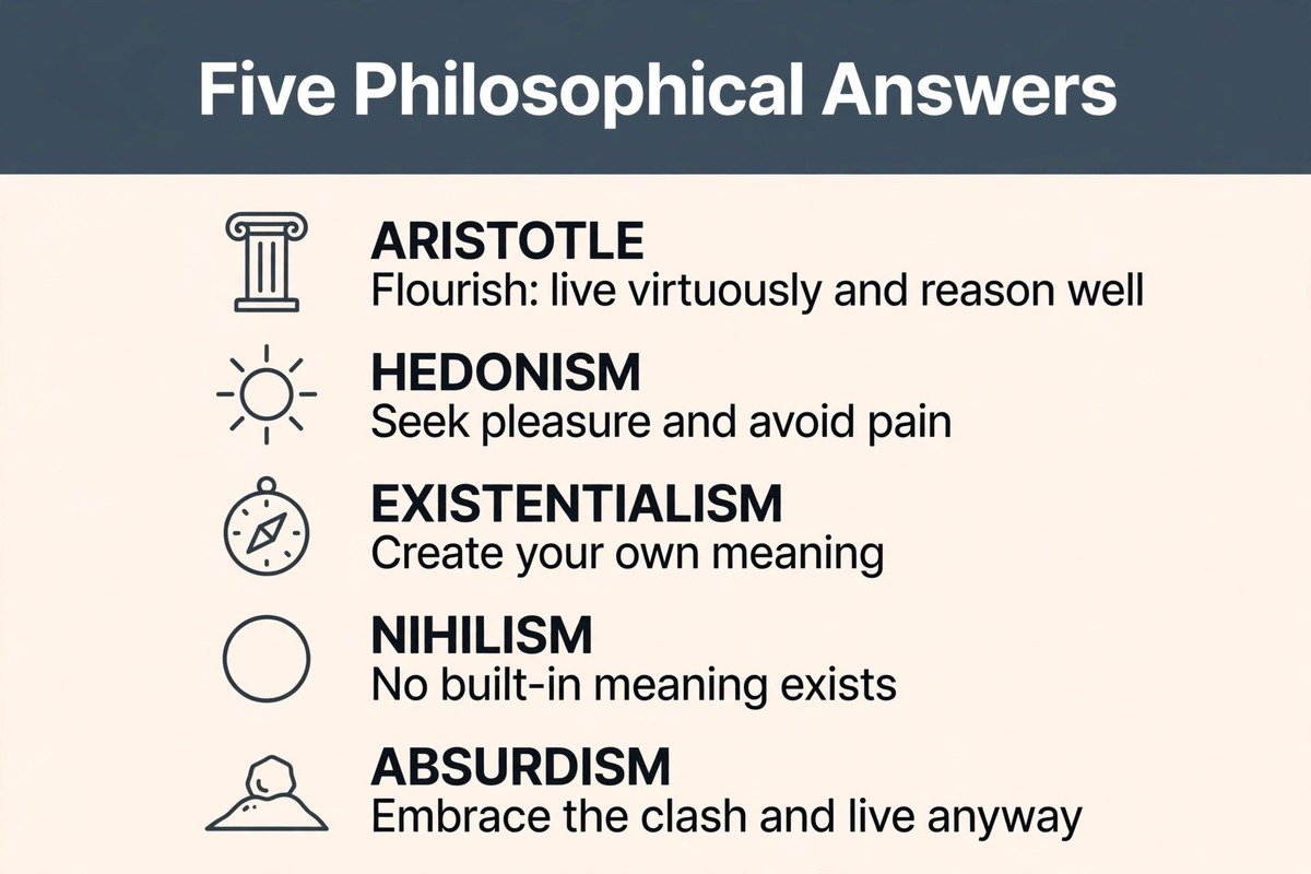 Five philosophy answers compared: Aristotle on flourishing, hedonism, existentialism, nihilism and absurdism