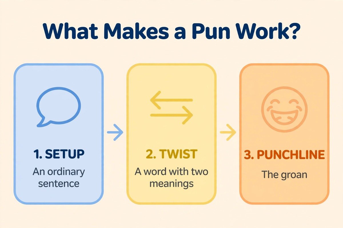 Diagram showing how dad jokes puns work — setup, twist and punchline