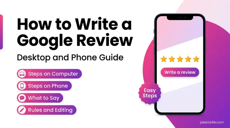 Guide image showing how to write a Google review on desktop and phone