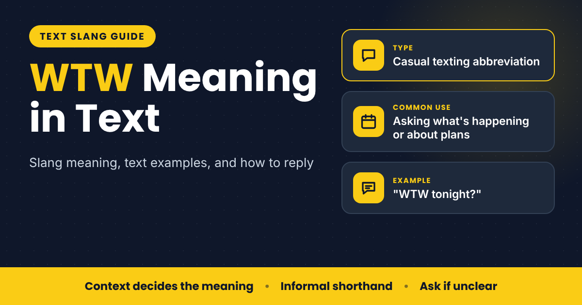 WTW meaning in text infographic showing it is a casual texting abbreviation used to ask what is happening or about plans, with the example WTW tonight