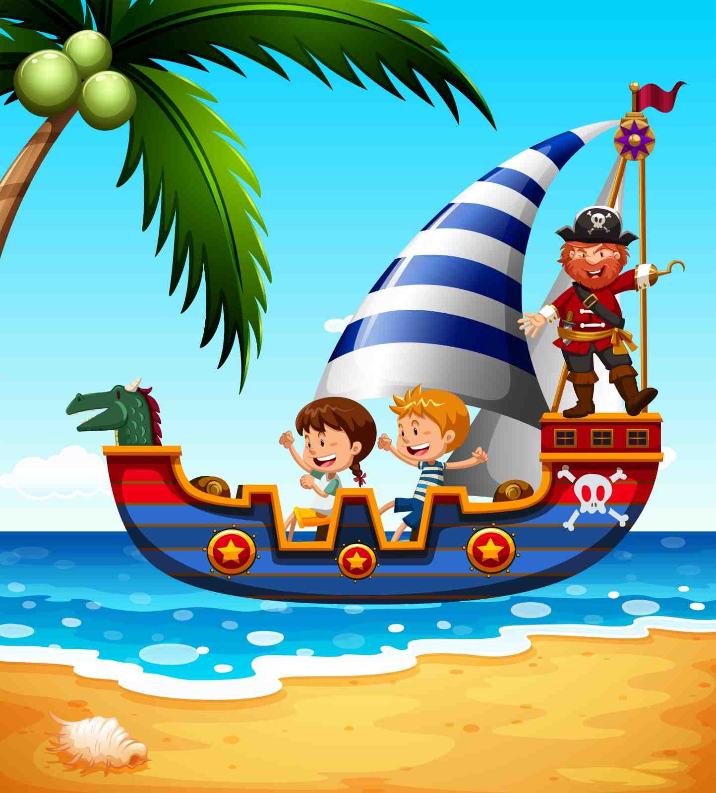 Colorful cartoon pirate ship with kids and a smiling pirate sailing near a sunny beach.