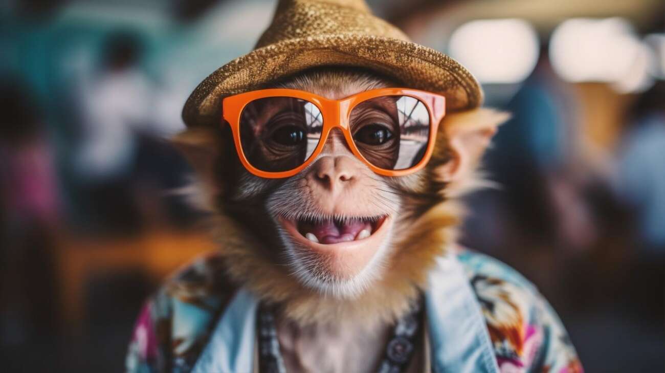 Cute monkey wearing orange sunglasses and a hat smiling happily — a perfect image for funny animal jokes and laughter.