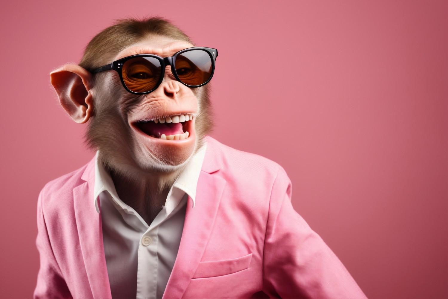 Adorable monkey wearing bright sunglasses and a hat smiling — representing cute and funny animal jokes for adults that are clean and lighthearted.