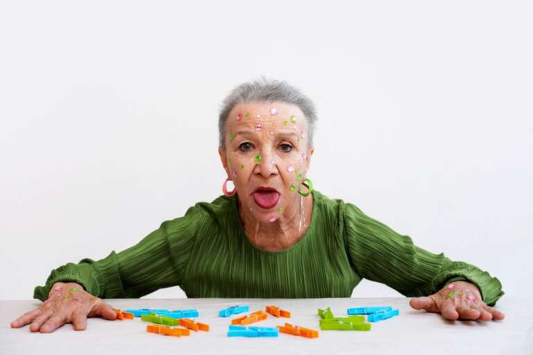 Elderly woman with colorful stickers and clothespins, reacting playfully while solving a brain teaser challenge.