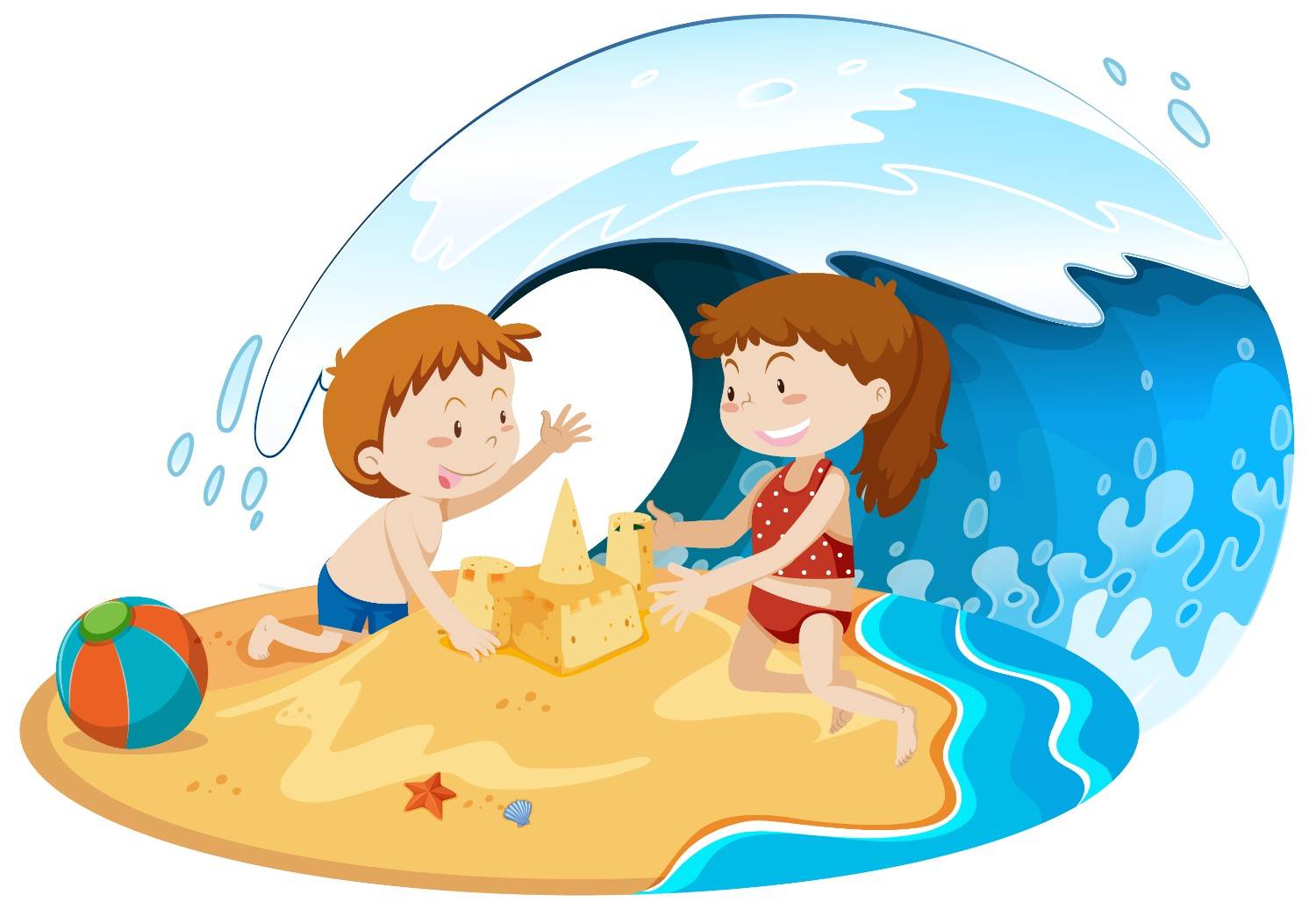 Cartoon pirate ship with two happy kids and a pirate sailing near a sunny beach.