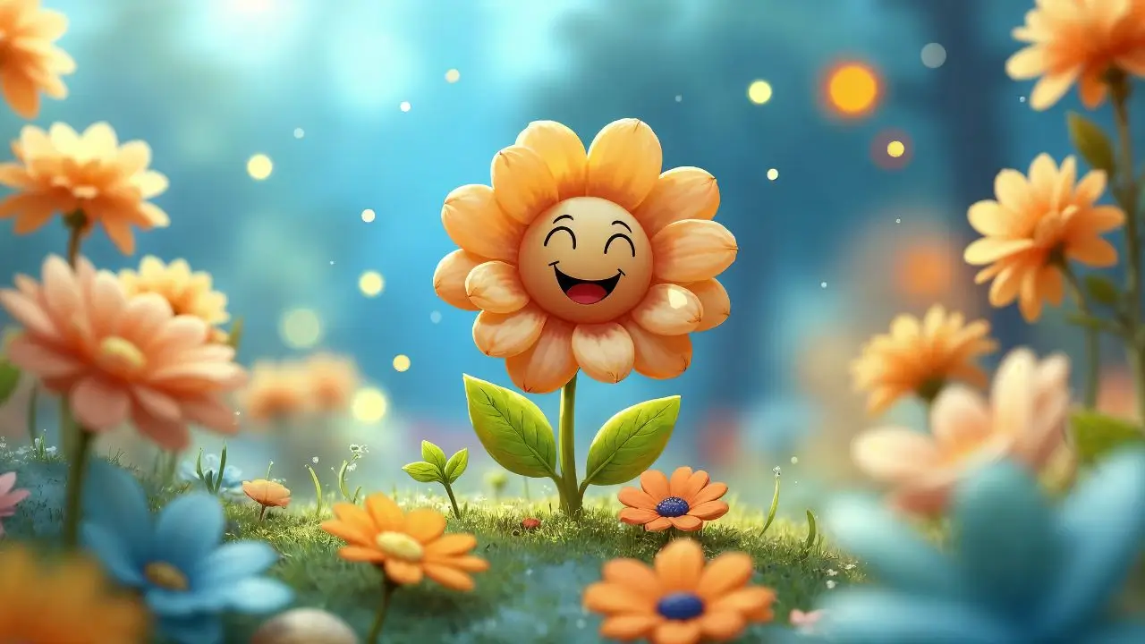 Cute smiling flower in a bright meadow surrounded by colorful blooms and sparkles. Funny Riddles for Smart Kids That’ll Make You Giggle