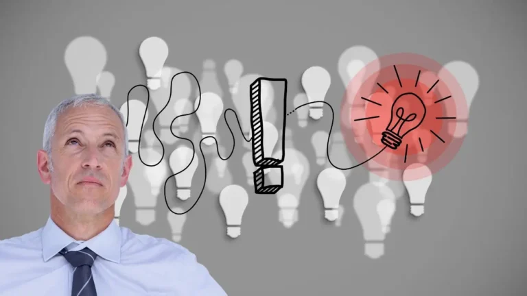 Man looking thoughtfully at a glowing light bulb symbolizing a bright idea – Riddle Me Smart: Best Brain Teasers with a Twist.