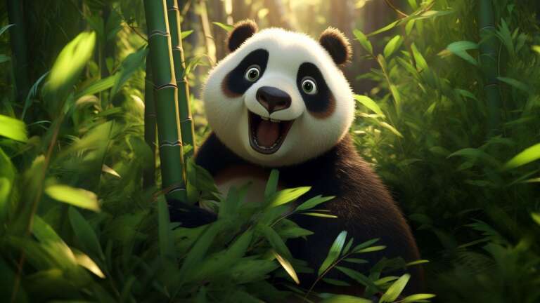 A cute cartoon panda with a big smile, surrounded by bamboo in a vibrant forest setting.Panda-monium! The Funniest Panda Jokes