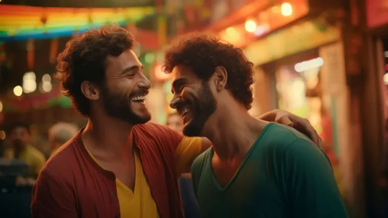 Two male friends smiling and laughing together under colorful lights, symbolizing the joy of 50+ Funny Knock-Knock Jokes That’ll Make You Laugh Out Loud.
