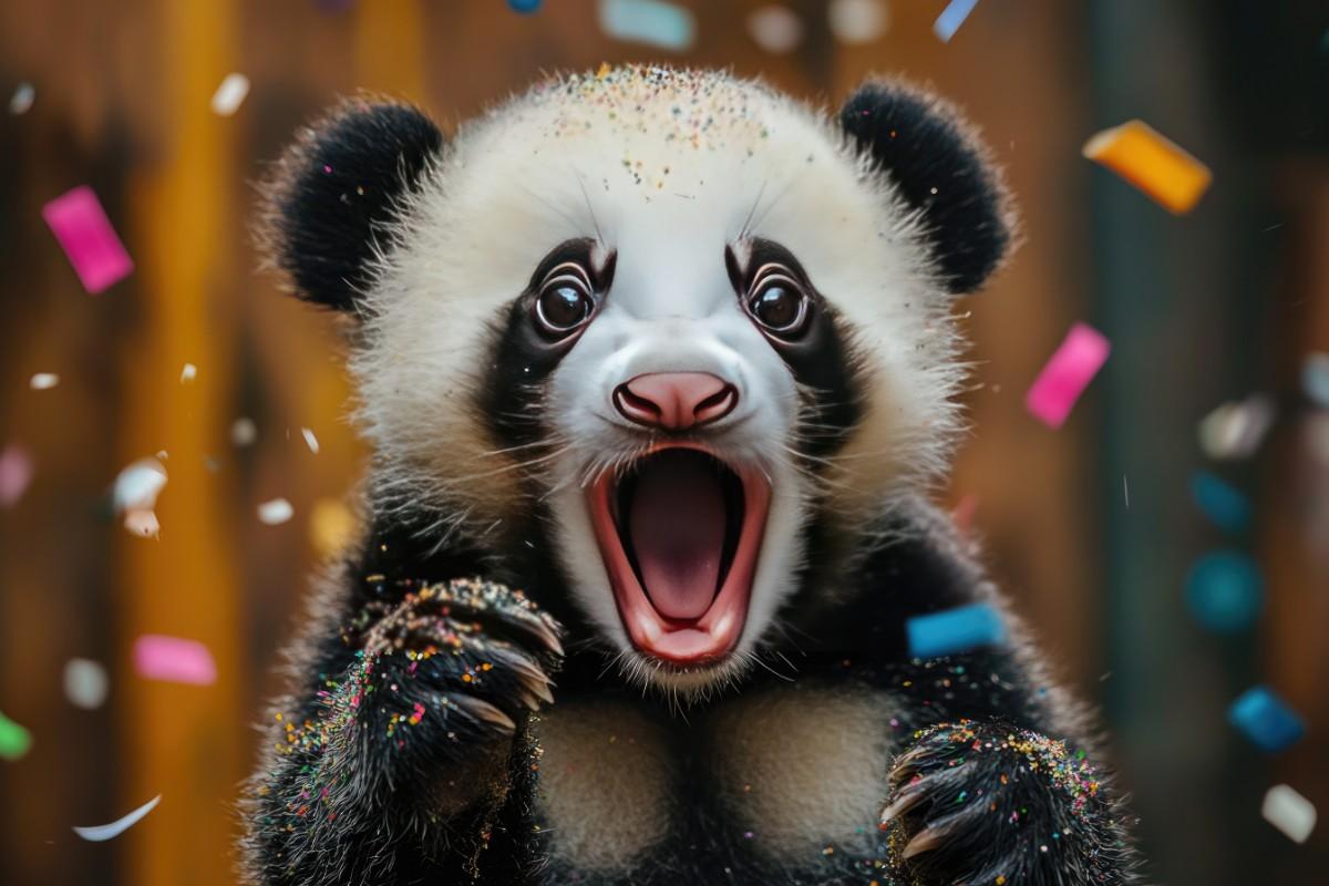 Adorable baby panda looking amazed with confetti flying around, expressing joy and surprise. Brain-Tickling Funny Riddles with Answers 