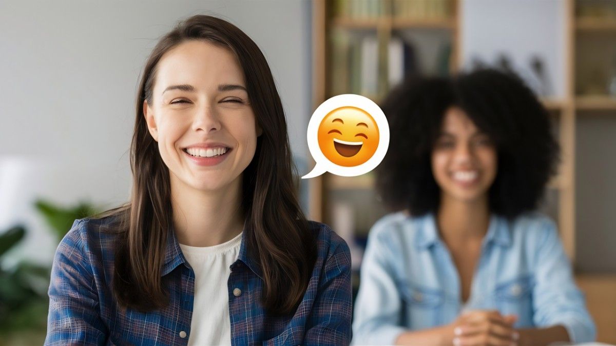 "Two women sharing a fun moment, with one smiling brightly and the other in the background, illustrating the joy of a funny conversation." Short & Sweet Funny Jokes for Quick Giggles.