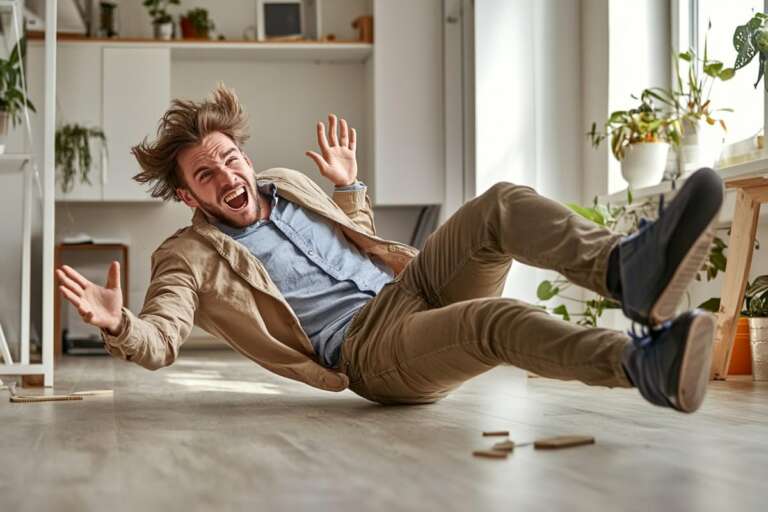 Man slipping and falling on the floor inside a modern home