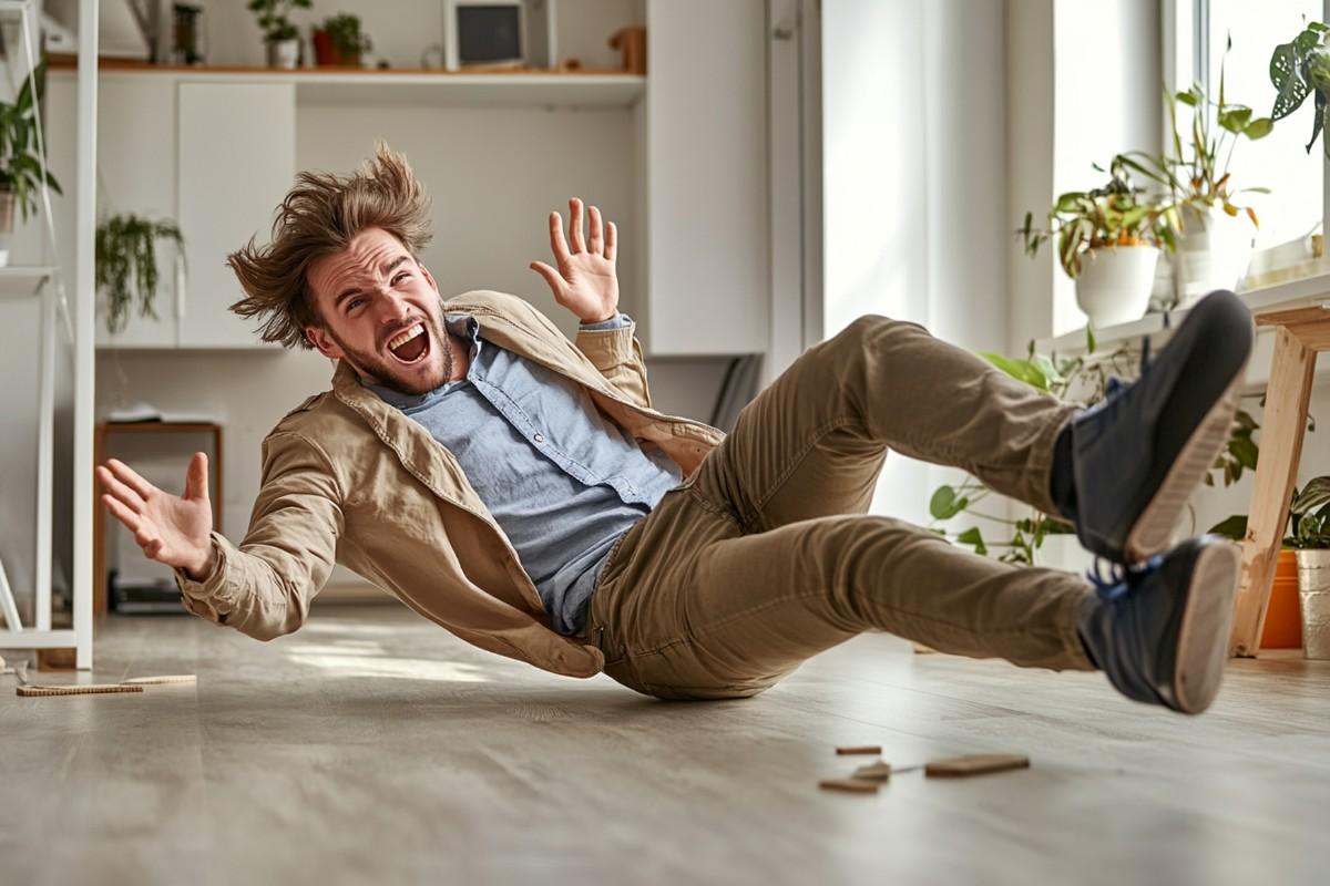 Man slipping and falling on the floor inside a modern home