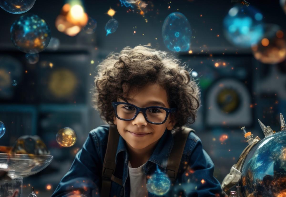 A curly-haired child wearing glasses, surrounded by glowing science and space elements in a creative learning environment, Brain Teasers for Kids That Boost Fun and Smart Thinking