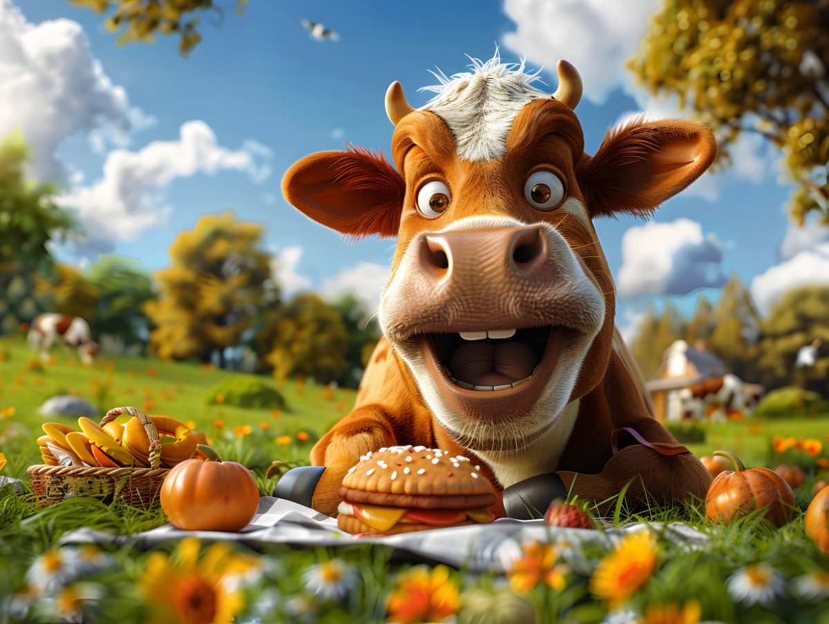 A cartoon cow grinning while sitting in a grassy field with a big cheeseburger in front of it. Wildly Funny Animal Jokes That Never Get Old