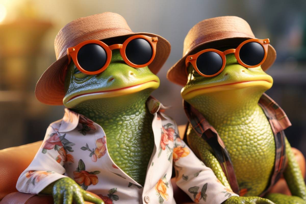 Two frogs wearing sunglasses and floral shirts, dressed in holiday spirit with a playful vibe. Best Christmas Jokes That’ll Get Everyone Laughing This Holiday: Frogs in Christmas-Themed Fashion.