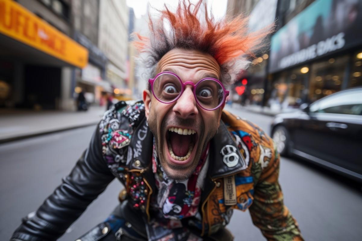 A wild, excited man with colorful spiky hair and pink glasses screaming playfully on a city street,Funny Jokes for Every Mood | The Ultimate Laugh Collection