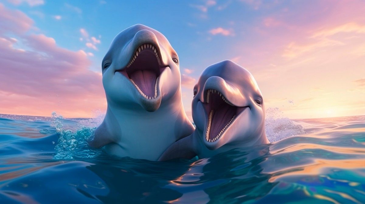Two dolphins swimming joyfully in the ocean, smiling widely under a colorful sunset sky. Wildly Funny Animal Jokes That Never Get Old