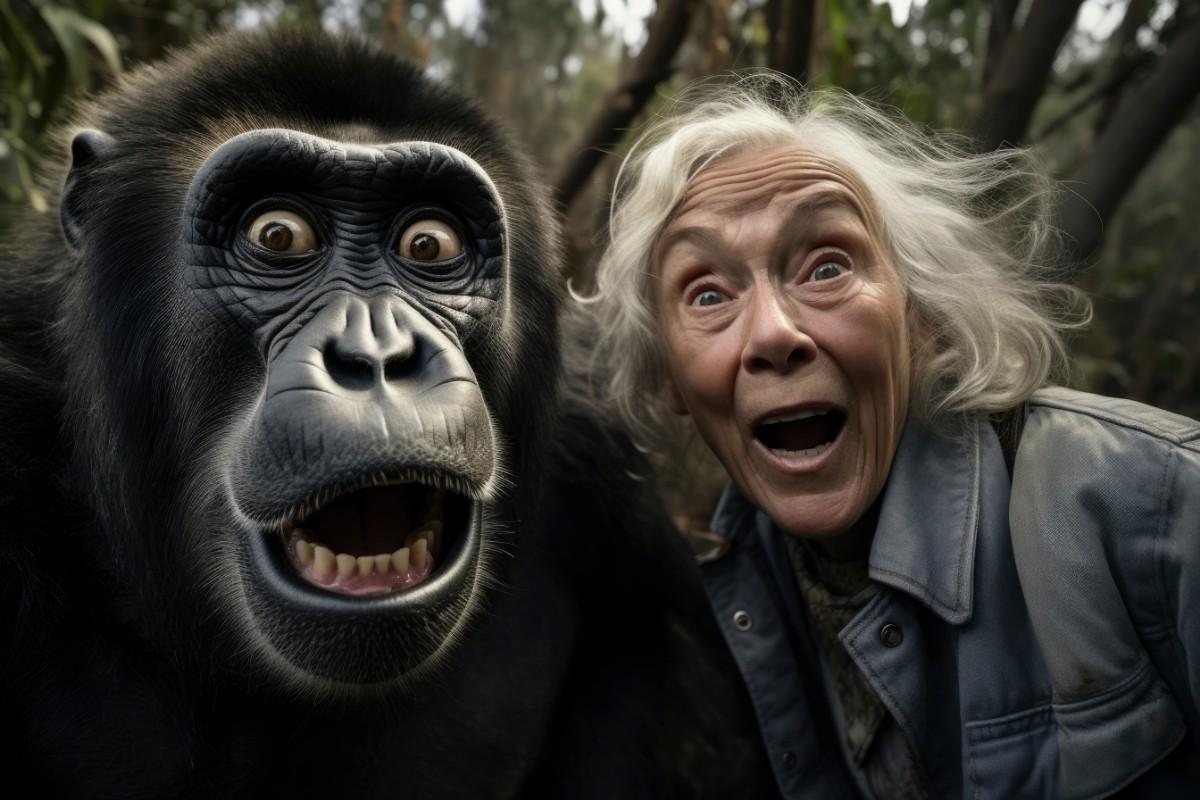 A close-up of an old woman and a monkey laughing together, both sharing a fun moment in the wild. Wildly Funny Animal Jokes That Never Get Old
