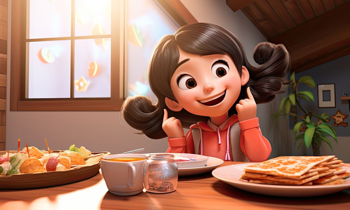 Cute little girl smiling at breakfast table enjoying morning meal — Funny Kid Jokes vibes