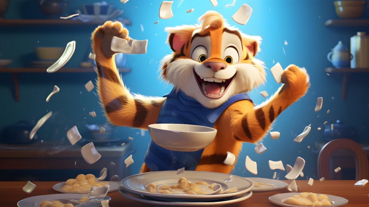 Funny cartoon tiger enjoying breakfast with excitement, surrounded by flying food pieces.