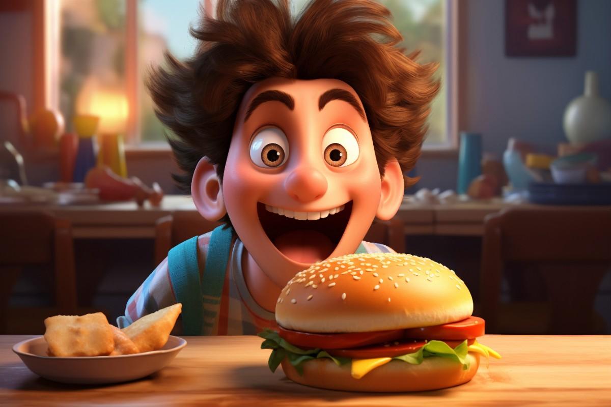 A cartoonish child grins with excitement while holding a large burger, set in a cozy kitchen. Kid-Friendly Funny Jokes You Can’t Read Without Laughing – The Joy of a Good Meal.