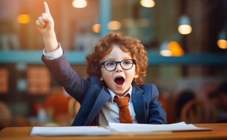 A young student, wearing glasses and a suit, excitedly raises his hand in class as if eager to answer a question. Funny School Jokes That’ll Make You Miss Class (Almost!)