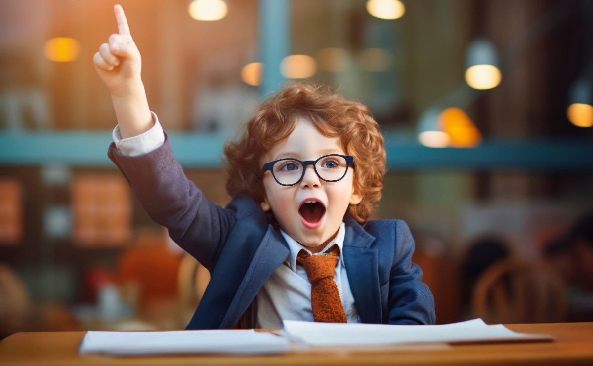 A young student, wearing glasses and a suit, excitedly raises his hand in class as if eager to answer a question. Funny School Jokes That’ll Make You Miss Class (Almost!)