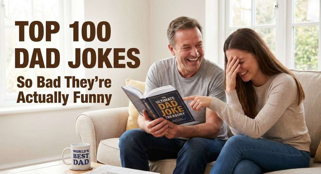 A realistic header image featuring a happy father laughing, representing the Top 100 Dad Jokes So Bad They’re Actually Funny collection for families.
