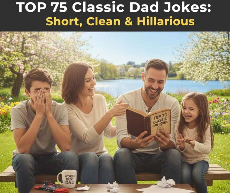 A father reading "Top 75 Classic Dad Jokes" aloud while his children laugh, showcasing timeless, hilarious dad jokes in a beautiful outdoor setting. Top 75 Classic Dad Jokes: Short, Clean & Hilarious