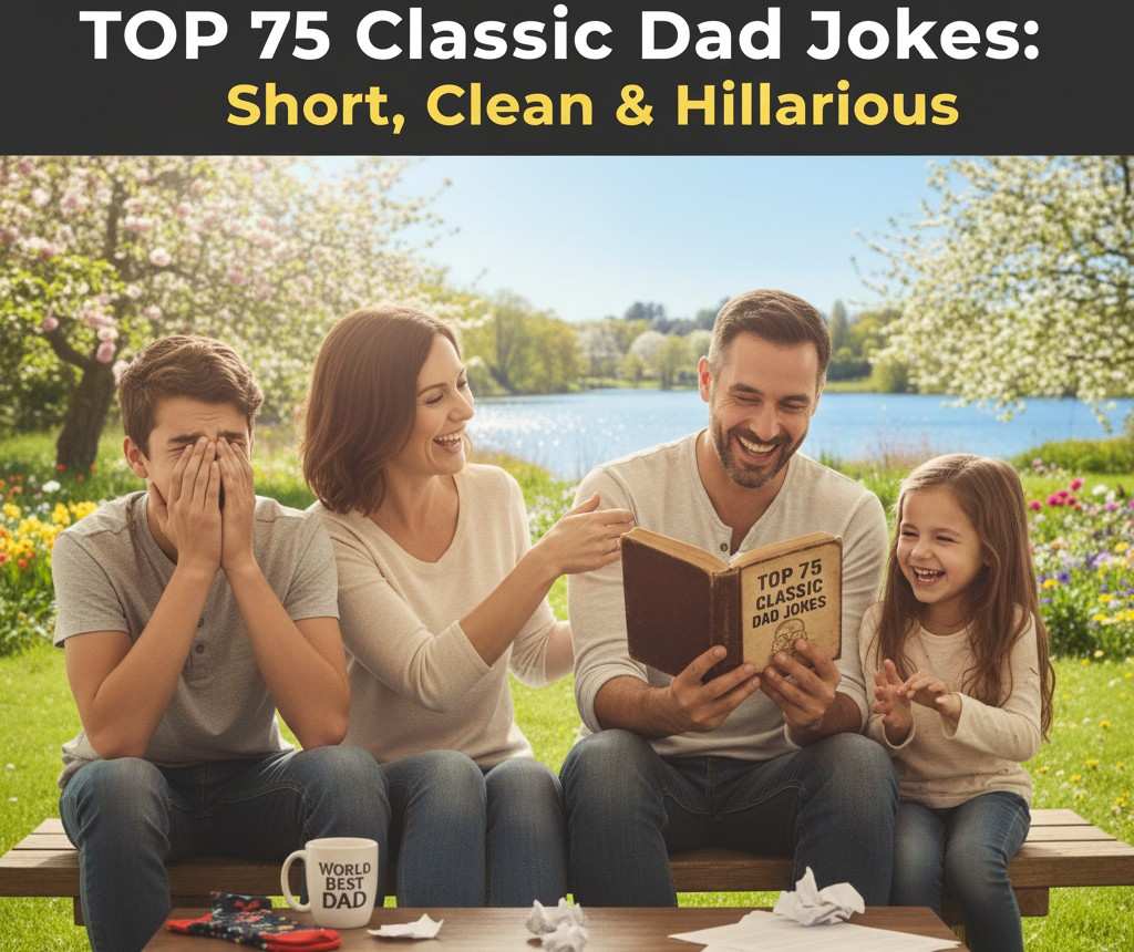 A father reading "Top 75 Classic Dad Jokes" aloud while his children laugh, showcasing timeless, hilarious dad jokes in a beautiful outdoor setting. Top 75 Classic Dad Jokes: Short, Clean & Hilarious