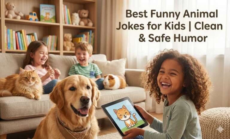 Children laughing with a golden retriever and a cat while looking at a tablet showing a cartoon cat, with text about the best funny animal jokes for kids.