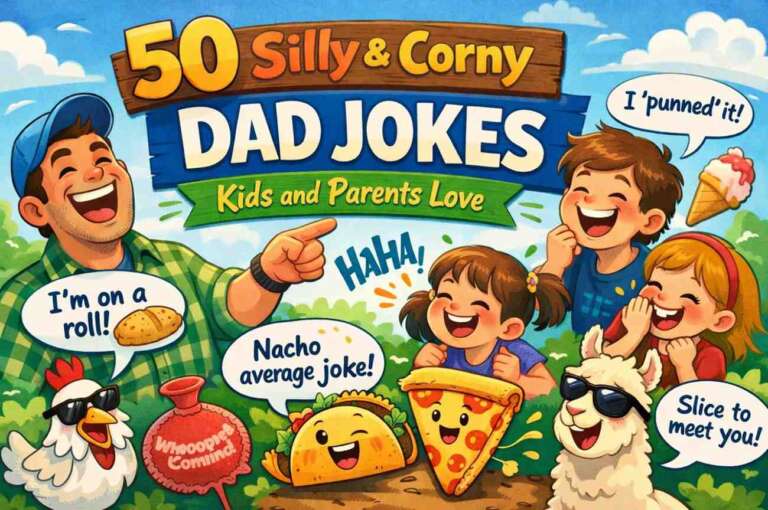 50 Silly & Corny Dad Jokes for Kids and Parents Love illustrated with a happy dad, laughing children, and funny food characters sharing corny dad jokes