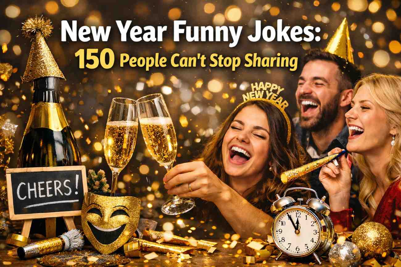 A group of friends celebrating New Year's with laughter, champagne glasses, and festive hats. The "Cheers!" sign and clock mark the joyful occasion. New Year Funny Jokes: 150 People Can’t Stop Sharing, New Year Funny Jokes: 150 People Can’t Stop Sharing