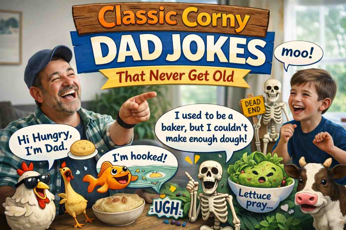 Classic corny dad jokes illustration with a laughing dad and child, funny animals and food characters showing silly and corny dad jokes kids and parents love