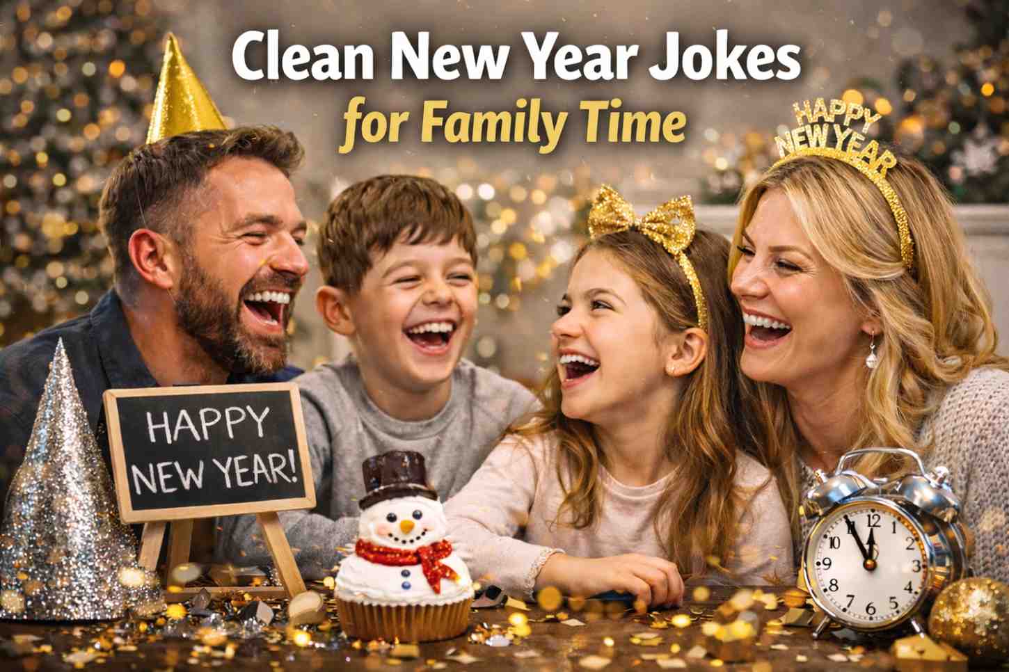 A family of four, including parents and children, celebrating the New Year with laughter and smiles. The festive setting includes a snowman cupcake and "Happy New Year" sign. New Year Funny Jokes: 150 People Can’t Stop Sharing