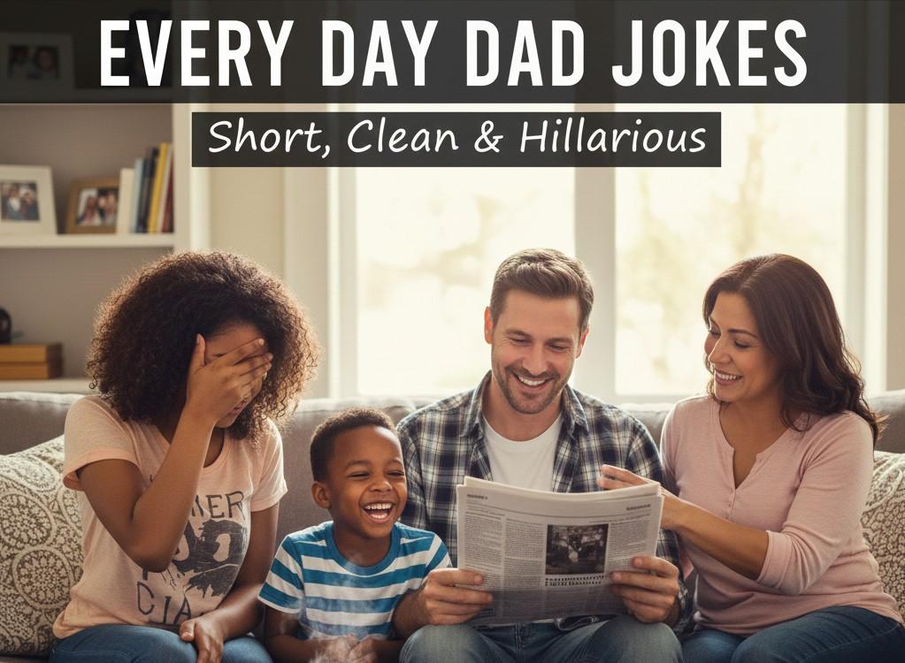 A happy family laughing together as the dad shares dad jokes from a newspaper, illustrating everyday humor in a warm family moment.