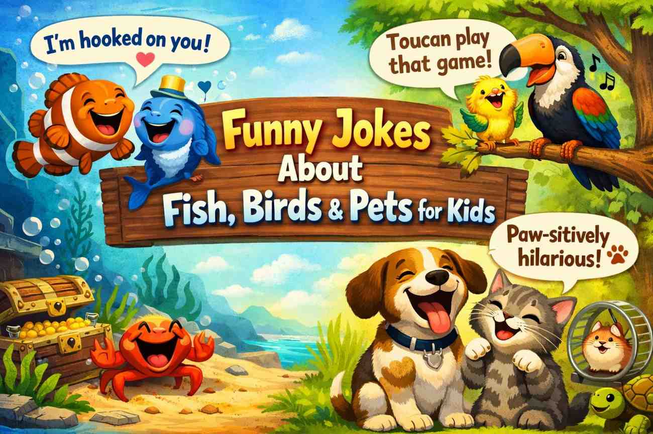Colorful fish, birds, and pets like a dog and cat, with funny captions promoting clean and safe jokes for kids about animals.