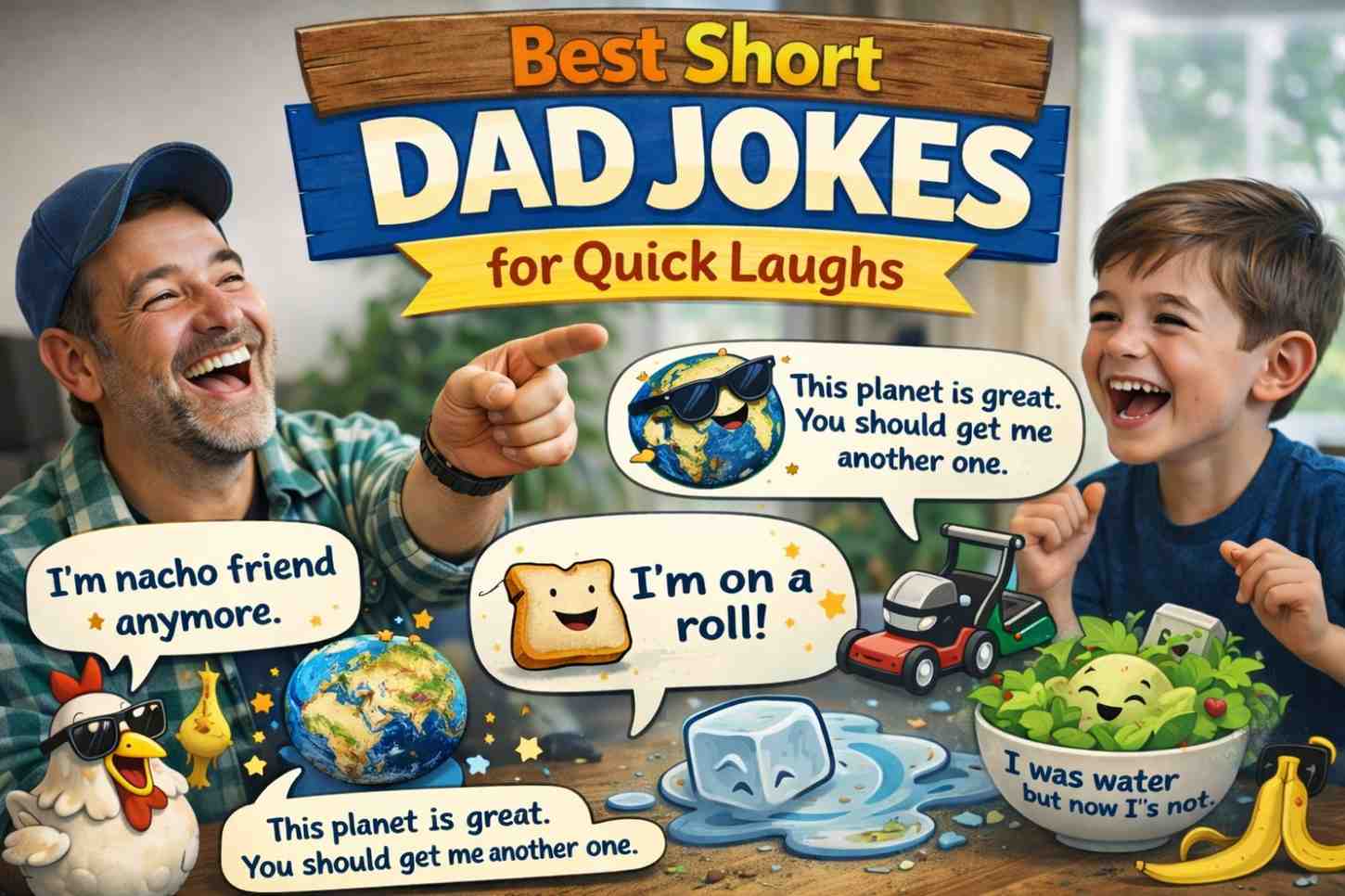 A dad and son sharing laughs together with animated dad jokes. The dad is playfully making jokes about food and objects like ice cubes and a planet, surrounded by animated characters like a chicken and toast, 50 Silly & Corny Dad Jokes Kids and Parents Love