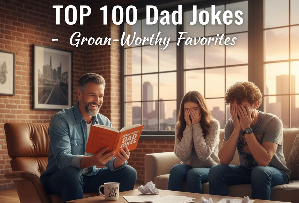 Alt Text: A funny depiction of a "facepalm" moment caused by reading the Top 100 Dad Jokes So Bad They’re Actually Funny, focusing on groan-worthy classics.