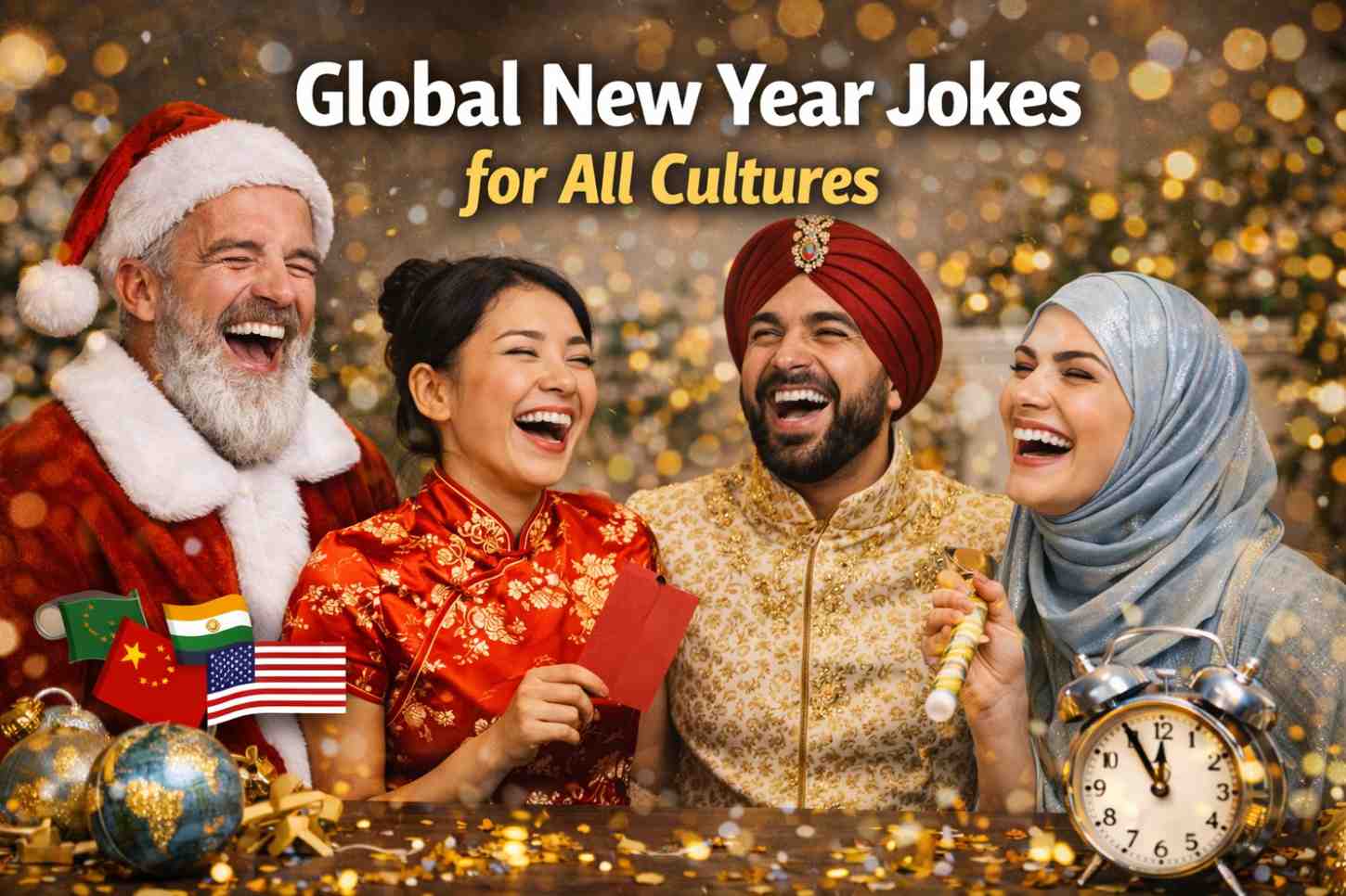 A diverse group of people from different cultures laughing and celebrating the New Year, wearing traditional attire from various countries. Flags of different nations are shown. New Year Funny Jokes: 150 People Can’t Stop Sharing