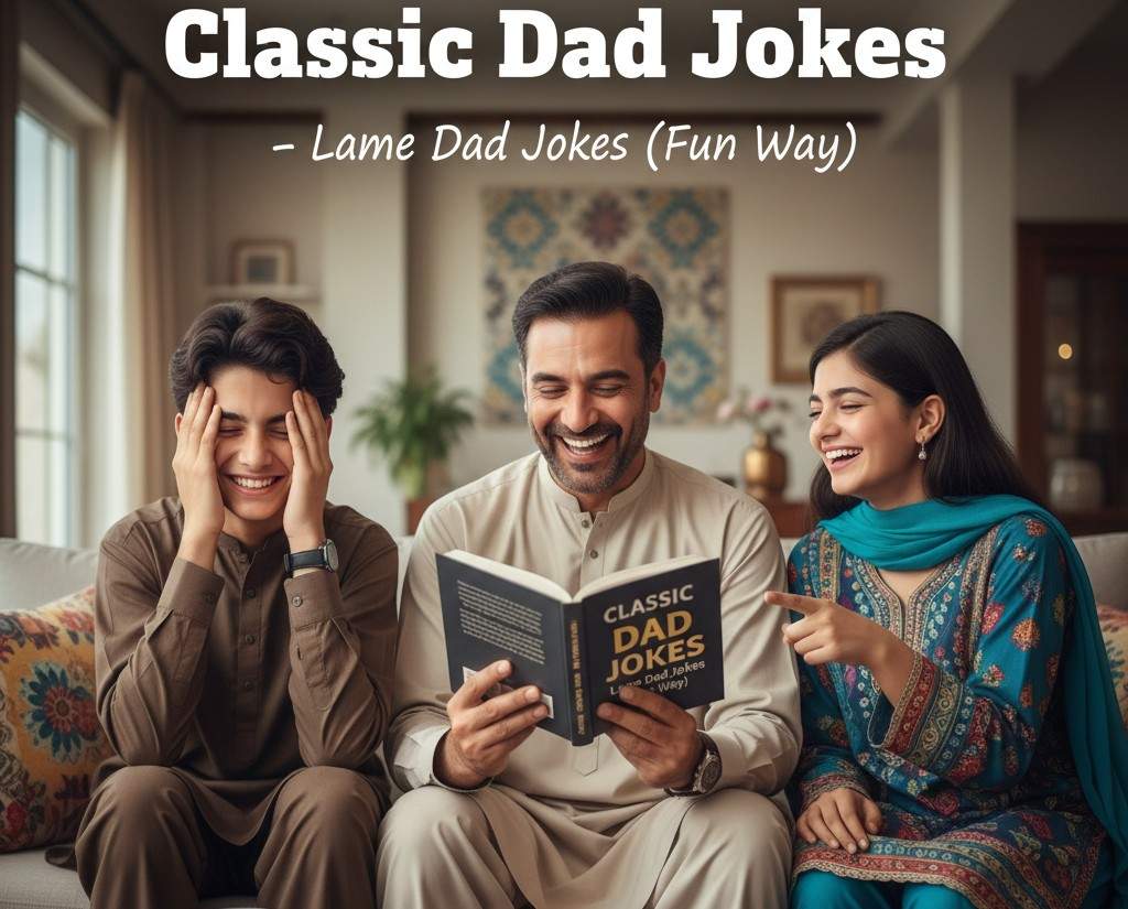 A father reading from a "Classic Dad Jokes" book while his children laugh, showing the fun and humor that dad jokes bring to the family.