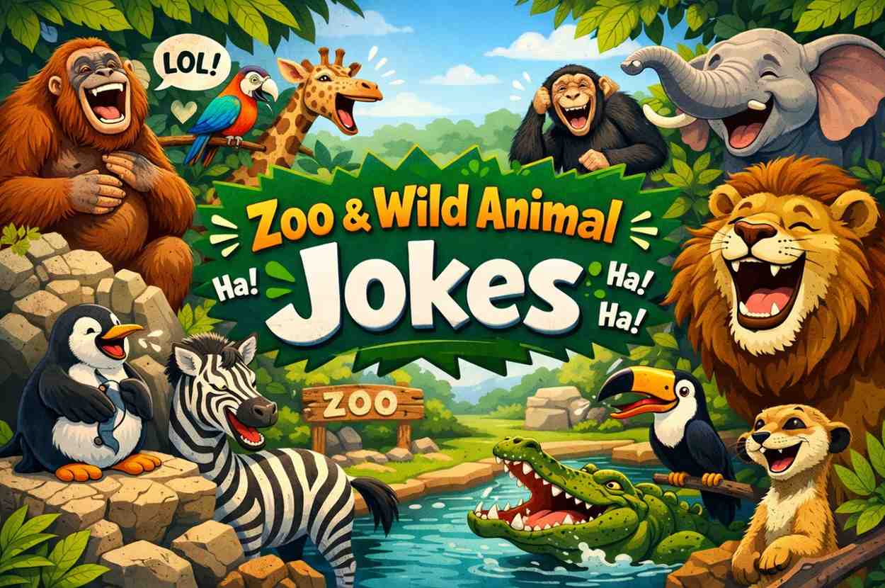 A group of zoo animals including a lion, monkey, giraffe, and parrot laughing together, promoting zoo and wild animal jokes for kids.