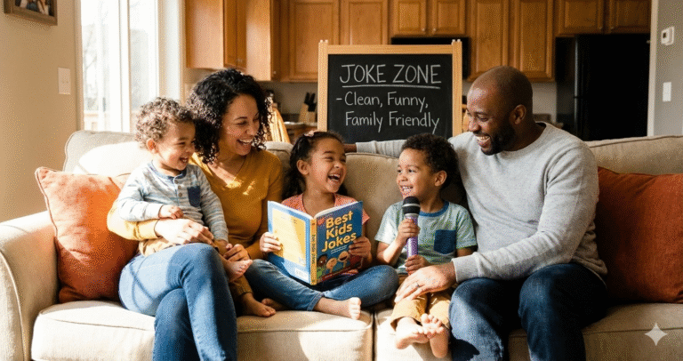 Happy kids and adults laughing together, enjoying clean and family-friendly jokes for all ages.