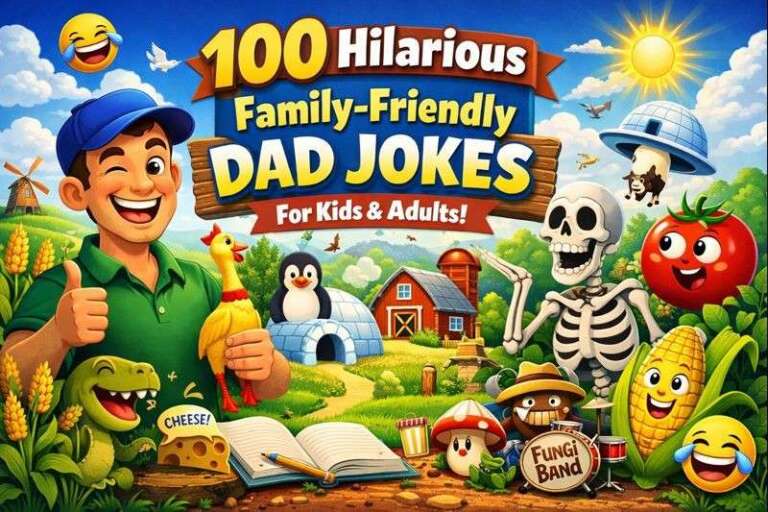 "100 Hilarious Family-Friendly Dad Jokes for Kids and Adults - Featuring playful characters like a dad with a rubber chicken, a penguin, skeleton, and colorful farm animals in a vibrant countryside."