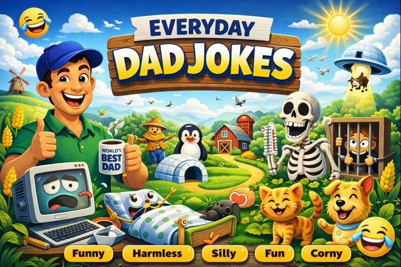 "Everyday Dad Jokes - Bright countryside scene with a dad holding a 'World’s Best Dad' mug, quirky characters, and humorous labels like 'Funny,' 'Harmless,' and 'Corny.'"