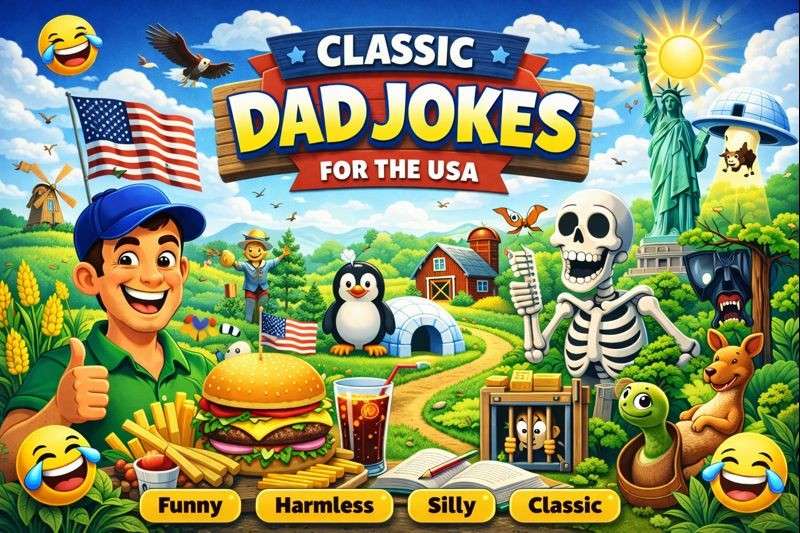 "Classic Dad Jokes for the USA - Featuring American symbols like the Statue of Liberty, an eagle, and an American flag with playful dad joke characters like a smiling dad and quirky animals."
